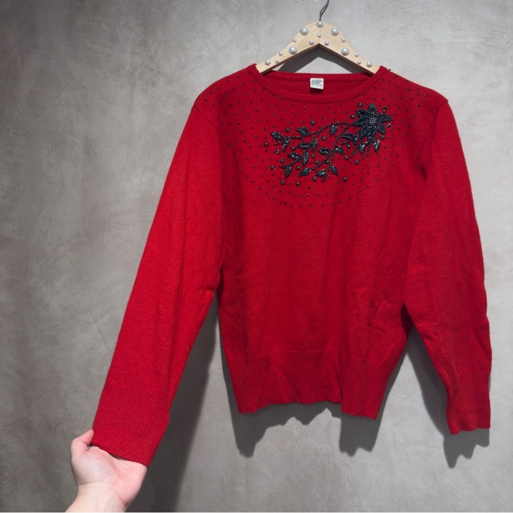 Vintage Red Lambswool Angora Beaded Sweater, S/M, Luxury Floral Embellished Knit - Picture 2 of 12